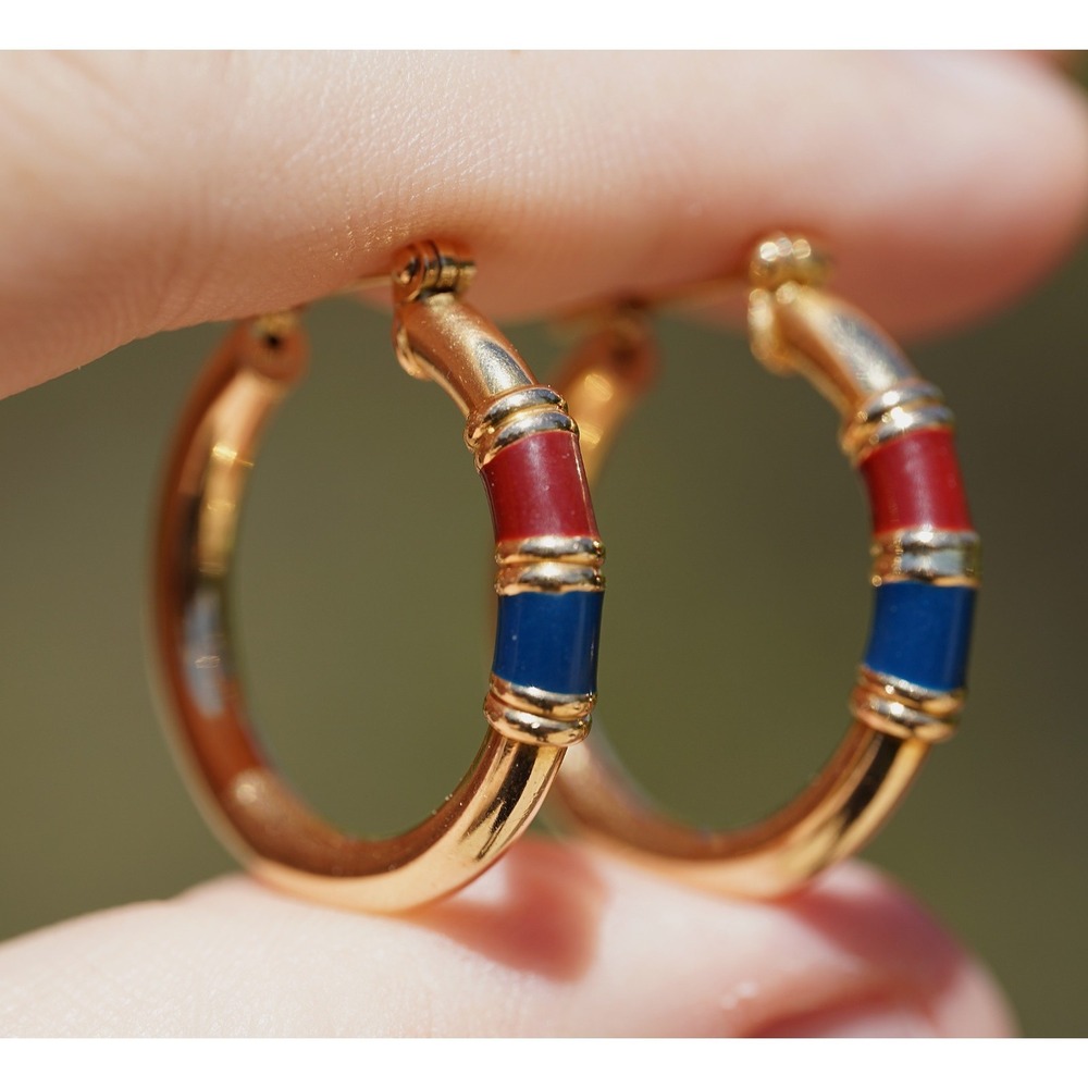 Vintage 14k Solid Yellow Gold Red Blue Enamel Dangle Hoop Earrings - Italy 5.85g